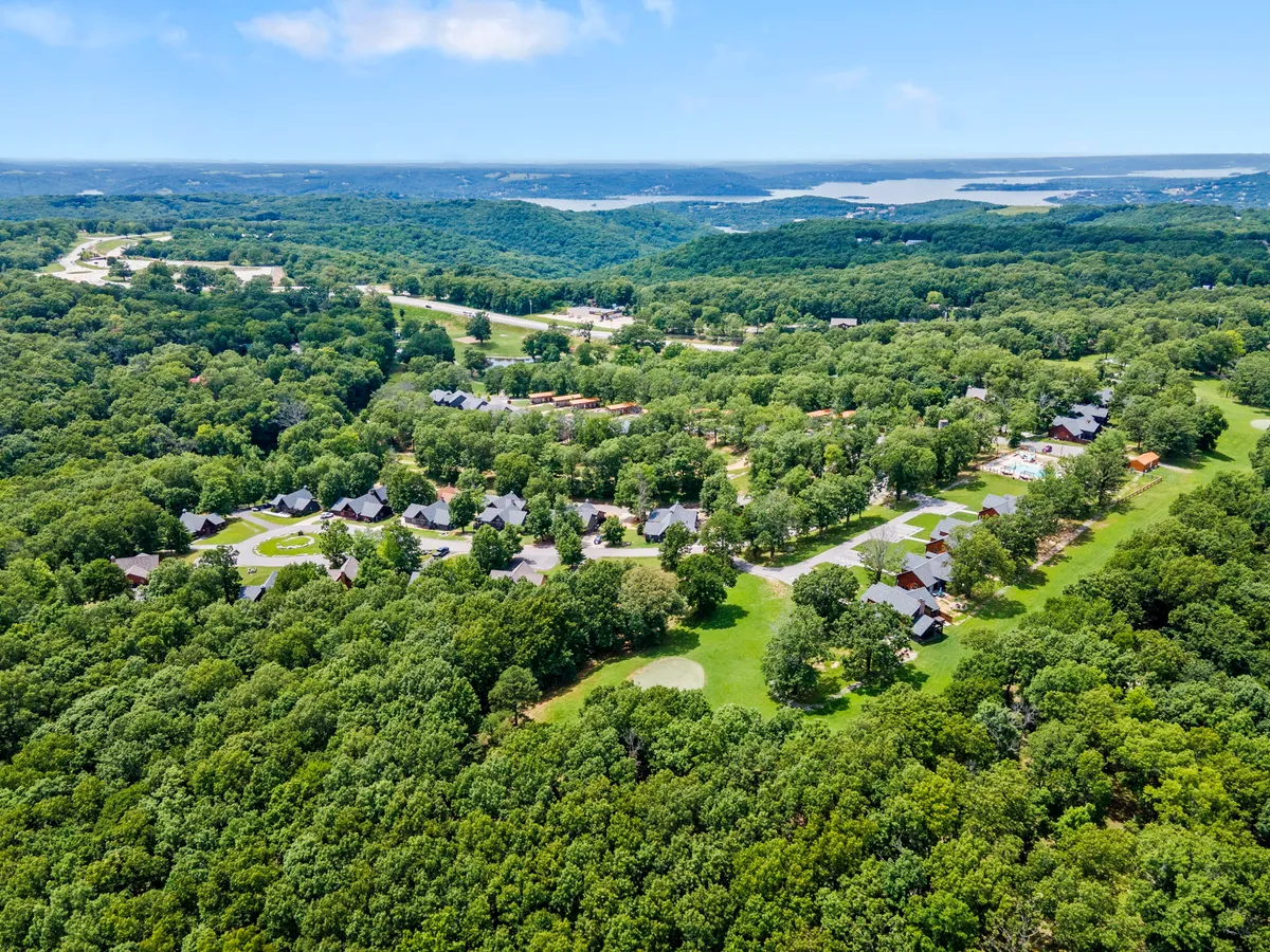 A peaceful vista of lush green trees, scattered residential cabins, winding roads, and a glimmering lake in the distance. The image evokes adventure and tranquility, hinting at hiking, biking, boating, and exploring the natural beauty of the Ozarks.