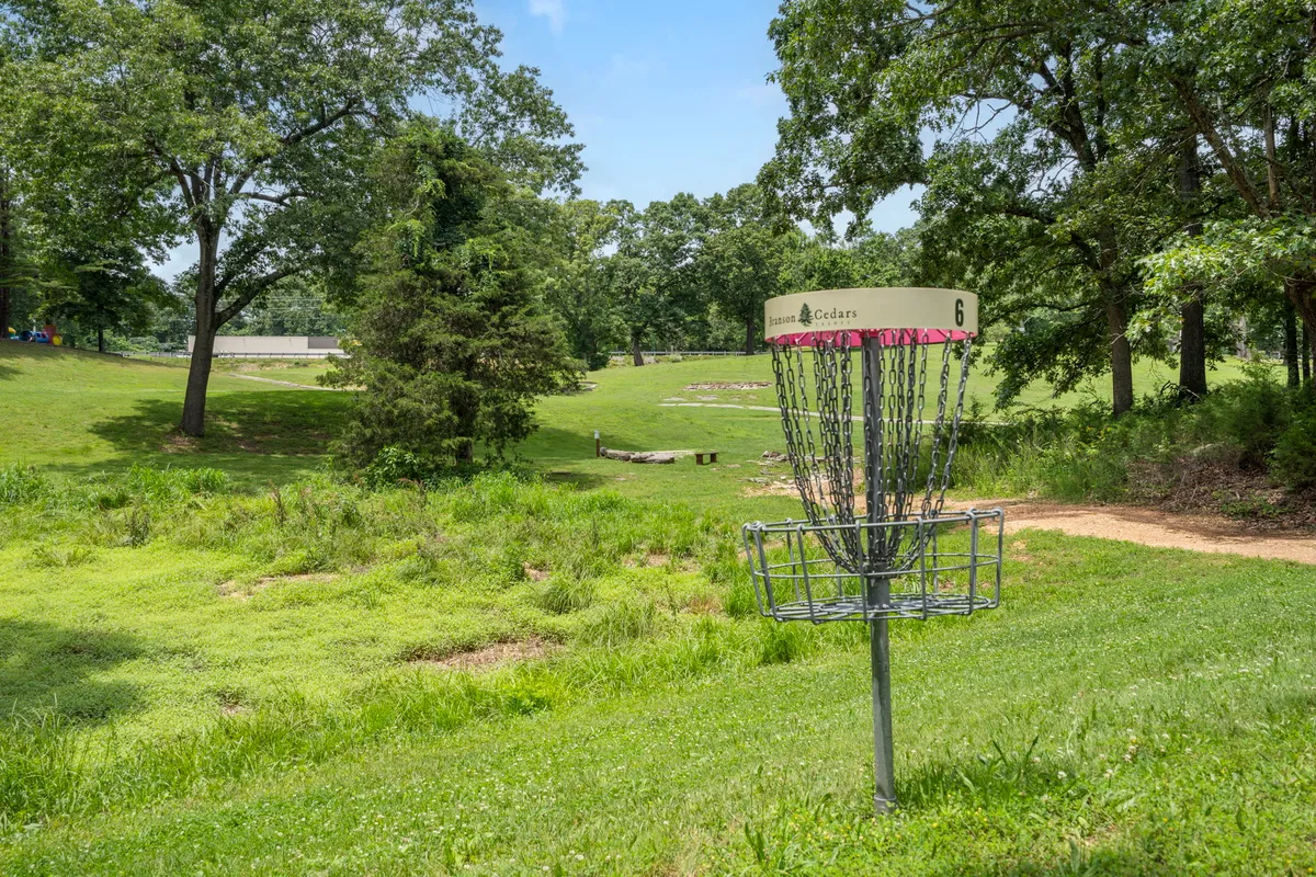 A disc golf basket sits along a scenic pathway, framed by greenery and open landscape, inviting guests to enjoy friendly outdoor competition and explore the open spaces of the resort.