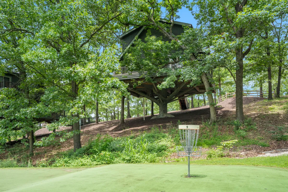 An inviting outdoor scene showing a playful treehouse amidst lush greenery, with a disc golf basket in view—perfect for both adventurous exploration and friendly games.